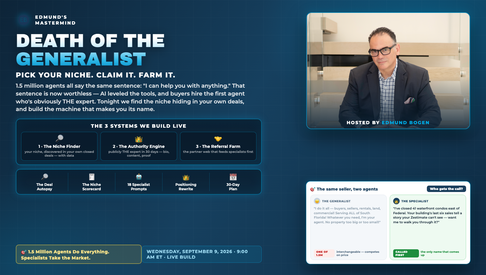 Death of the Generalist — the three systems, deliverables, and date on one card